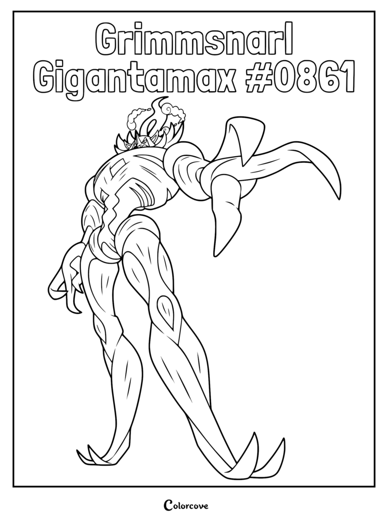 Gigantamax Grimmsnarl #0861 featuring long, sharp claws and an arched posture, printable line art coloring page.