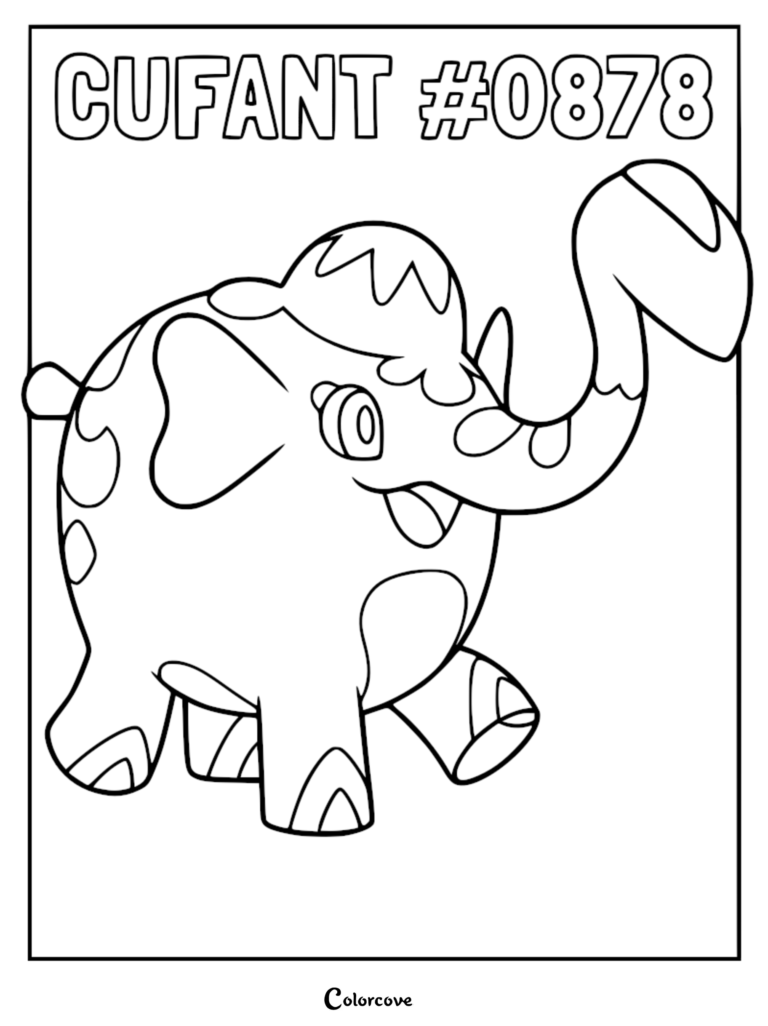 Cufant #0878 Pokemon from the Galar region depicted in a black and white coloring page line art style.