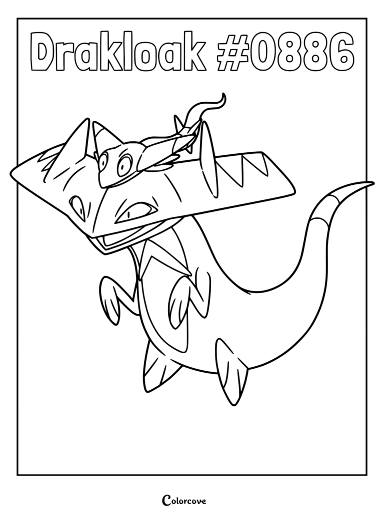 A printable Drakloak coloring page featuring the Galar region Ghost-Dragon type Pokemon with a Dreepy resting on its flat head.