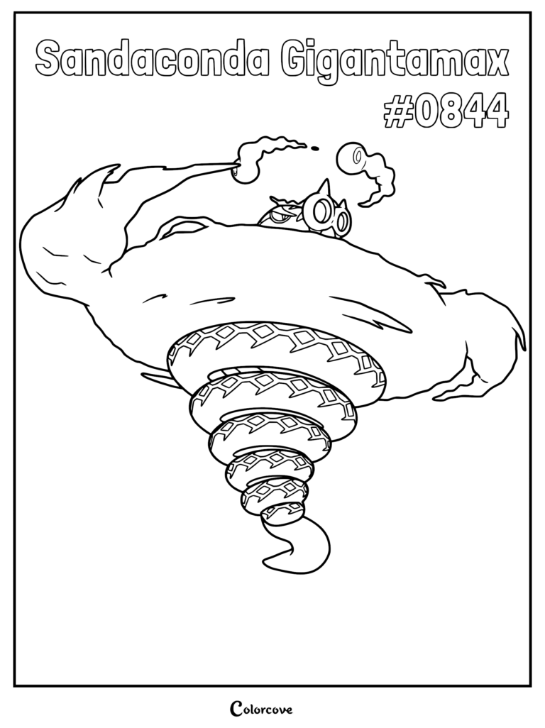 Gigantamax Sandaconda Pokemon coiled in a massive tornado shape coloring page.