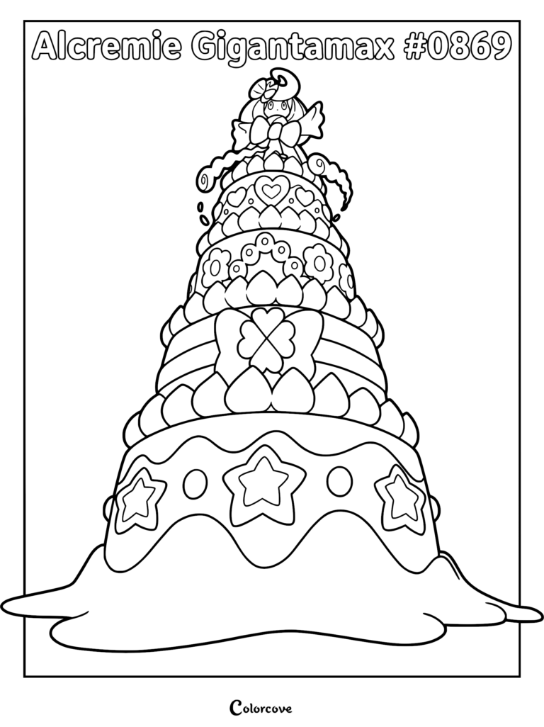 A detailed coloring page of Gigantamax Alcremie, the giant cake-shaped Pokemon with strawberry and star decorations.