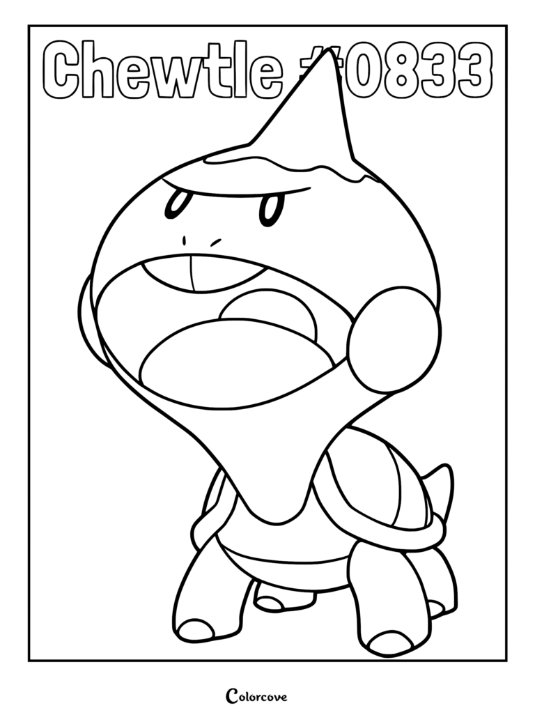 Chewtle Pokemon Galar #0833 with a large head and open mouth in a line art coloring page style.