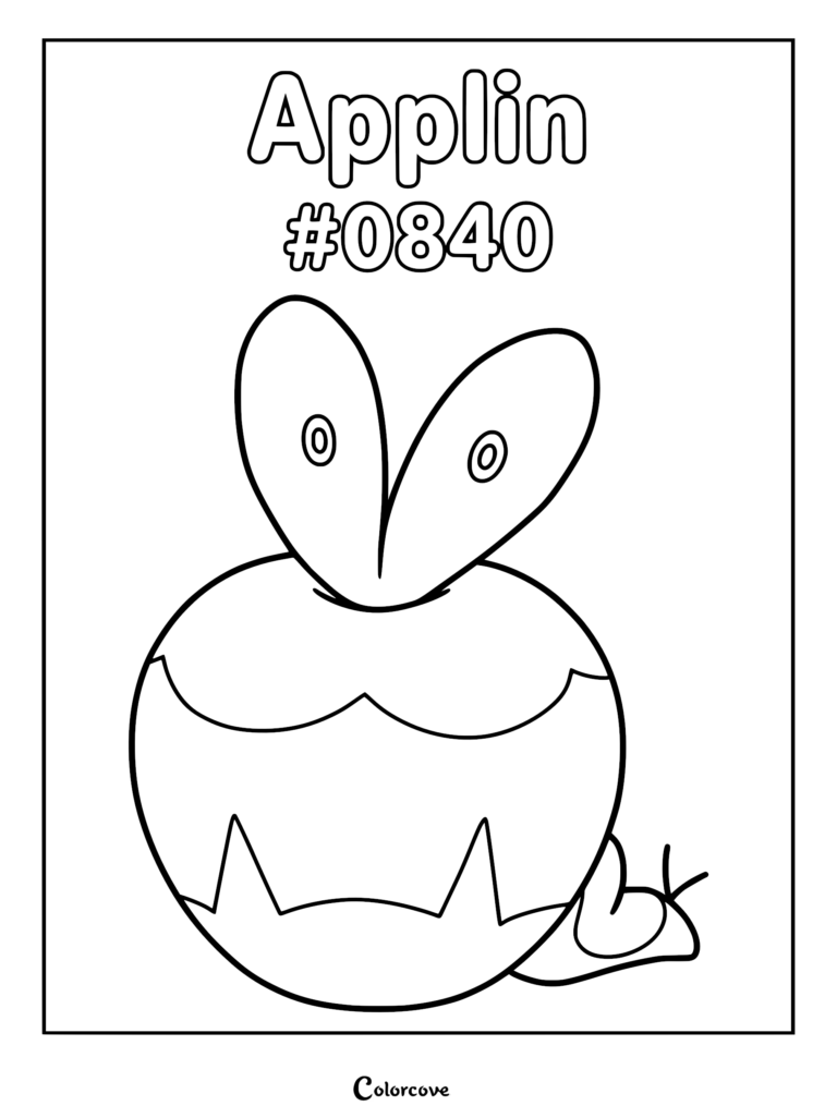 Printable Applin Pokemon Galar coloring page featuring the apple-shaped creature with green leaf-like ears and a small tail poking out.