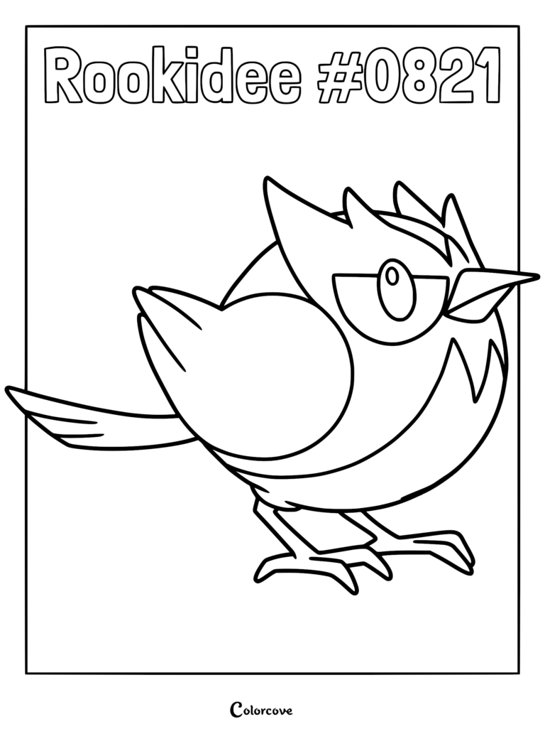 A printable Rookidee coloring page featuring the small round bird Pokemon from the Galar region with its distinctive crest and mask-like eye markings.