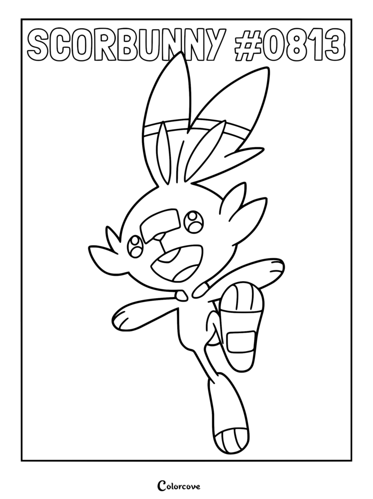 Scorbunny #0813 from the Galar region jumping in a dynamic pose, high-quality line art coloring page.
