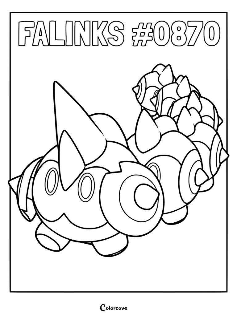 Falinks from the Galar region depicted as a line art coloring page, showing the trooper group following their leader in a row.
