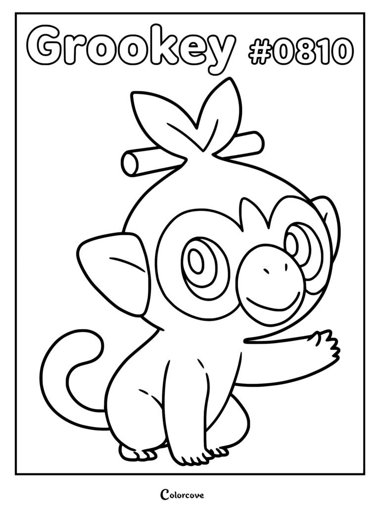 A printable coloring page of the Galar region Grass-type Pokemon Grookey #0810, featuring the chimp-like creature with a stick in its hair.