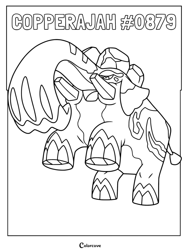 A printable Copperajah Pokemon coloring page featuring the Steel-type elephant with its trunk raised and large rocky protrusions on its back.