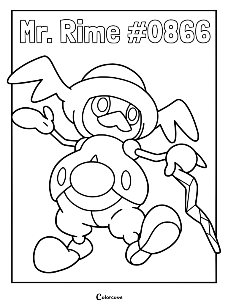 Mr. Rime #0866 from Galar region standing with a cane in a high-quality line art coloring page.