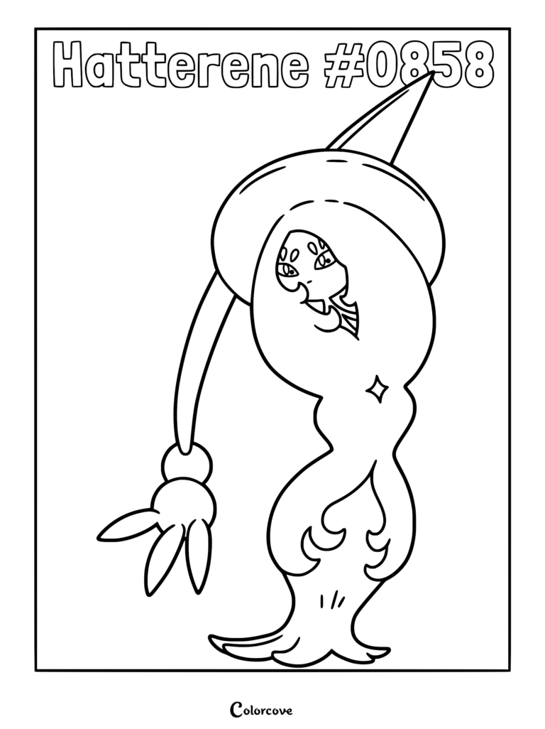 Printable Hatterene #0858 line art from Pokemon Galar, featuring the mysterious Fairy-type Pokemon with its signature hat and long dress-like hair in a clean coloring page style.