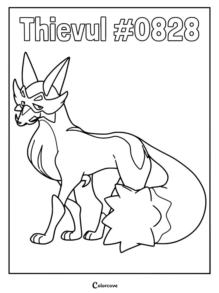 Thievul #0828 from the Galar region depicted in a clean-lined digital coloring page with its distinctive mask-like facial markings.