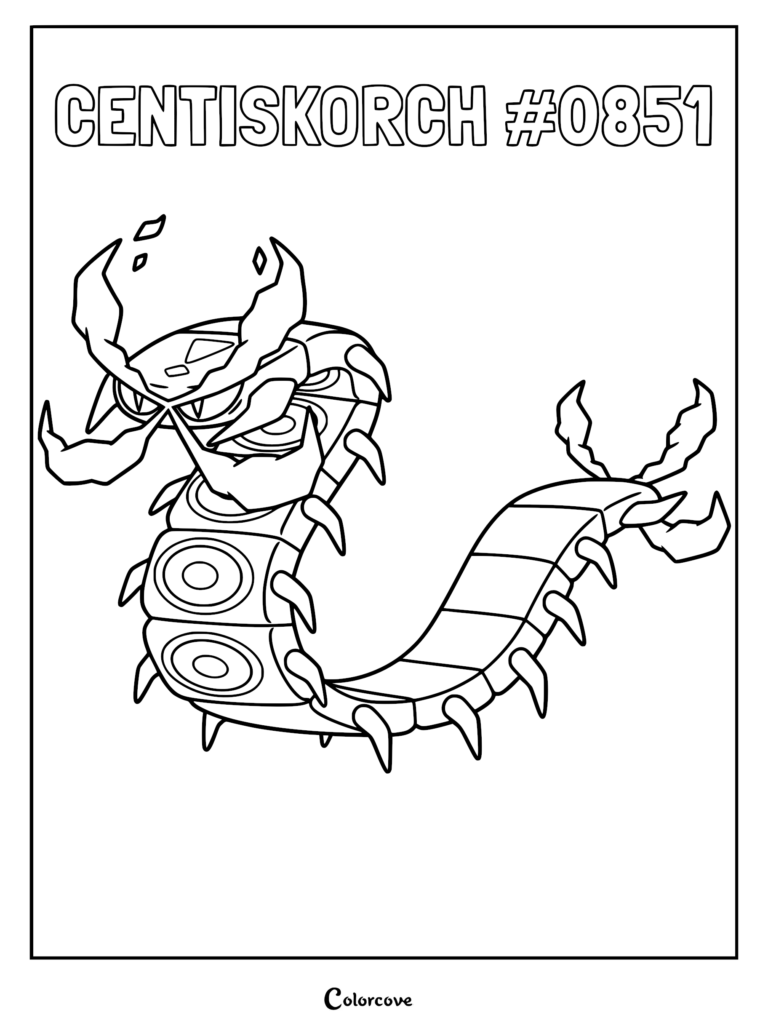 A detailed line art coloring page of the Pokemon Centiskorch, featuring its long, segmented body, glowing heat-emitting mandibles, and multiple sharp legs.