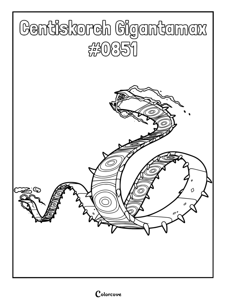 Gigantamax Centiskorch coloring page featuring a long, segmented centipede-like Pokemon with circular body markings and sharp spikes.