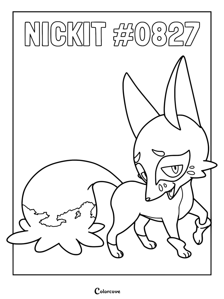 A line art coloring page of Nickit, the fox-like Pokemon with pointed ears and a bushy tail, standing in a alert pose.