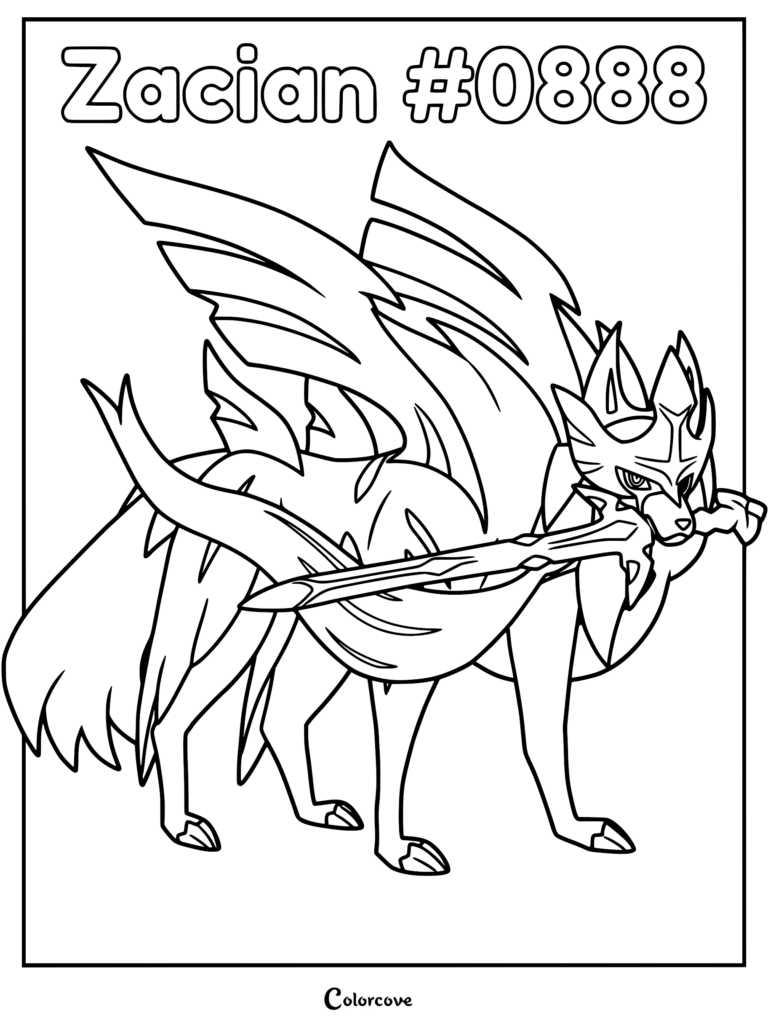 Zacian holds a long, ornate sword in its jaws.
