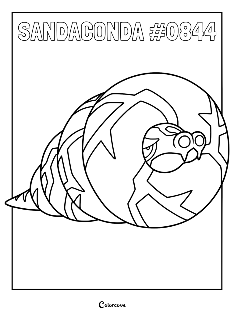 Sandaconda Pokémon #0844 coiled in a tight spiral ball with distinct sandy skin patterns in this detailed printable coloring page.
