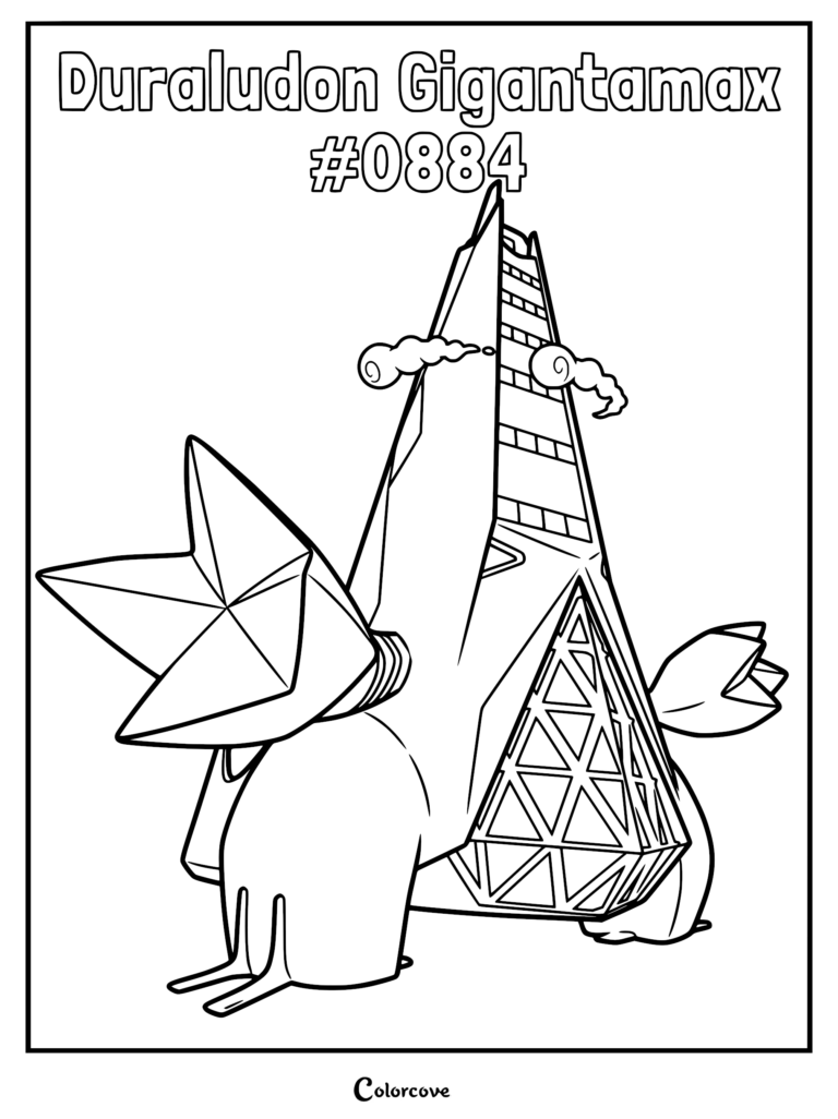 A detailed Gigantamax Duraludon coloring page featuring the towering, skyscraper-like Pokemon with its distinct metal structure and clouds.