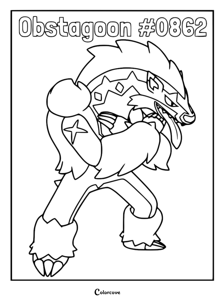A detailed line art coloring page of the Galar region Pokemon Obstagoon standing with crossed arms and its tongue hanging out.