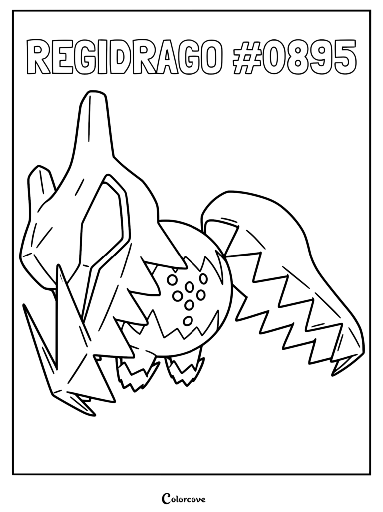Regidrago Pokémon #0895 coloring page featuring the Legendary Dragon-type creature with its signature orb body and draconic jaw appendages.