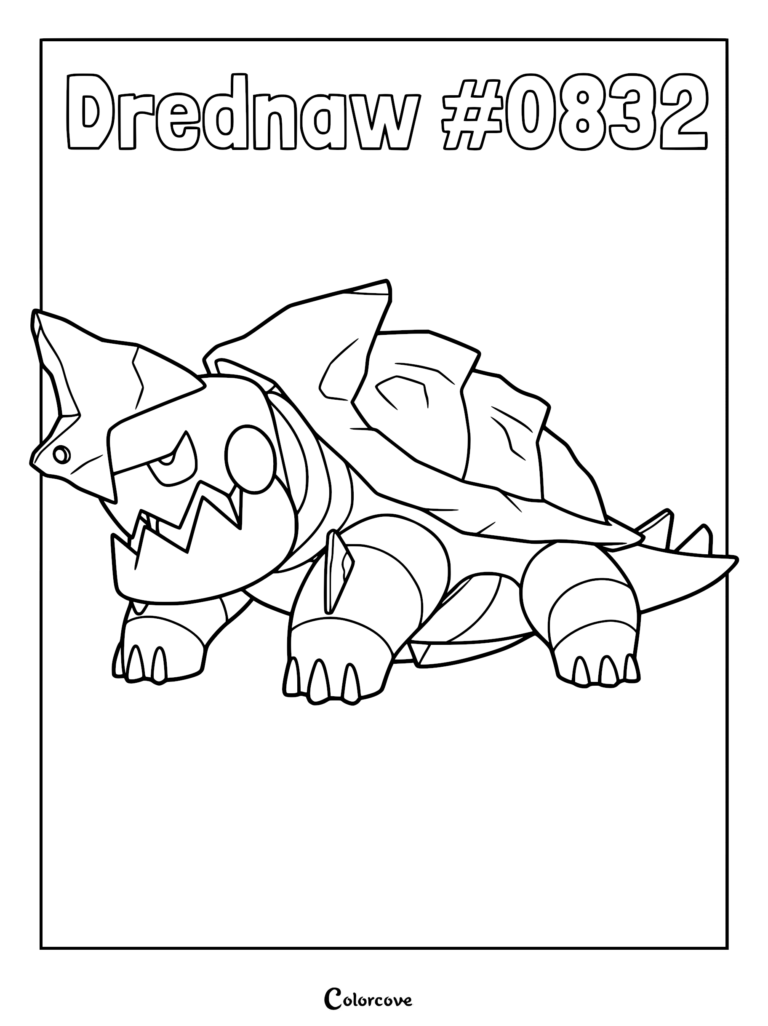 Drednaw Pokemon #0832 from the Galar region in a printable line art coloring page with a sharp shell and aggressive jaw.