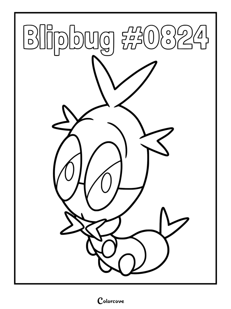 A printable coloring page featuring the Galar region Bug-type Pokemon Blipbug with its signature large eyes and antenna.
