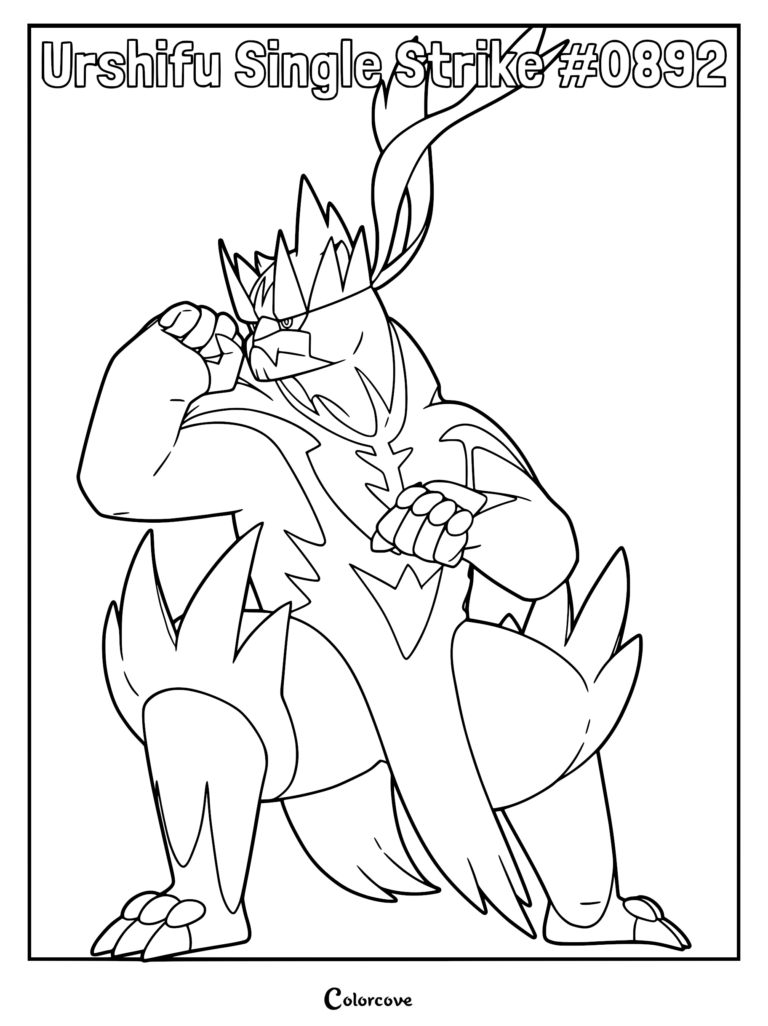 Urshifu Single Strike Style standing in a powerful martial arts combat stance, line art coloring page.