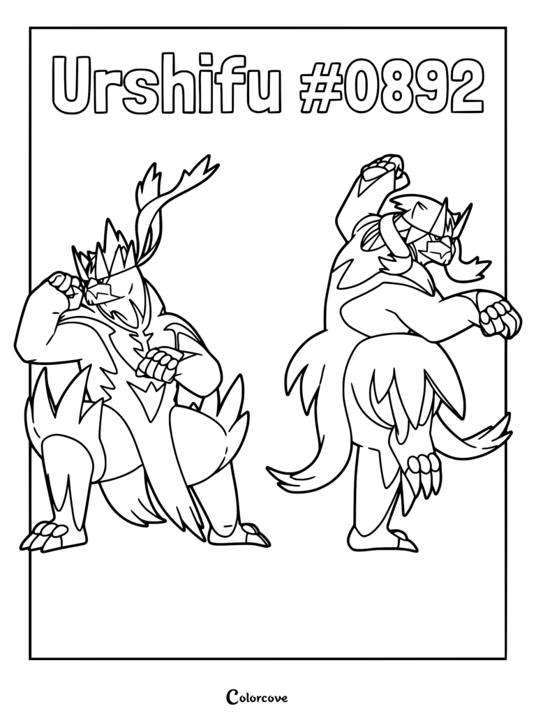 Printable coloring page featuring both Single Strike Style and Rapid Strike Style Urshifu from Pokemon Galar in martial arts poses.