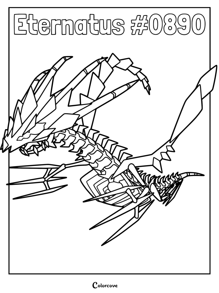 A printable coloring page featuring the skeletal, draconic Legendary Pokemon Eternatus #0890 with sharp, jagged geometric spikes.