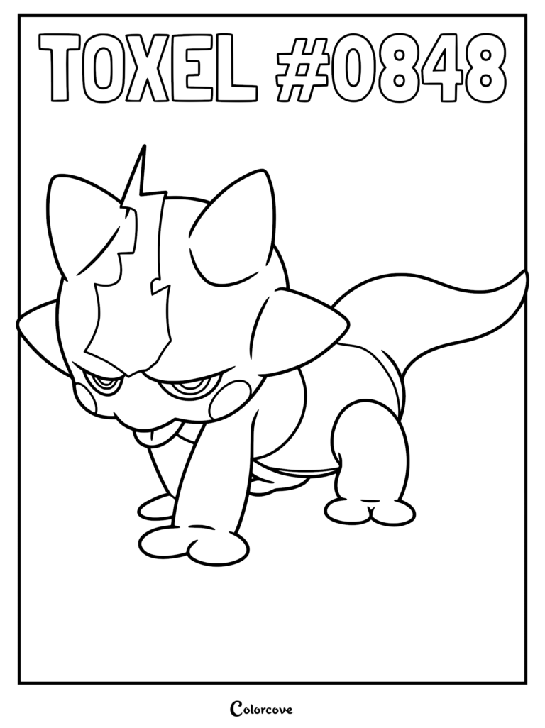Toxel, the baby electric-type Pokemon from Galar, featured in a clean line art coloring page with its signature jagged head crest and grumpy expression.