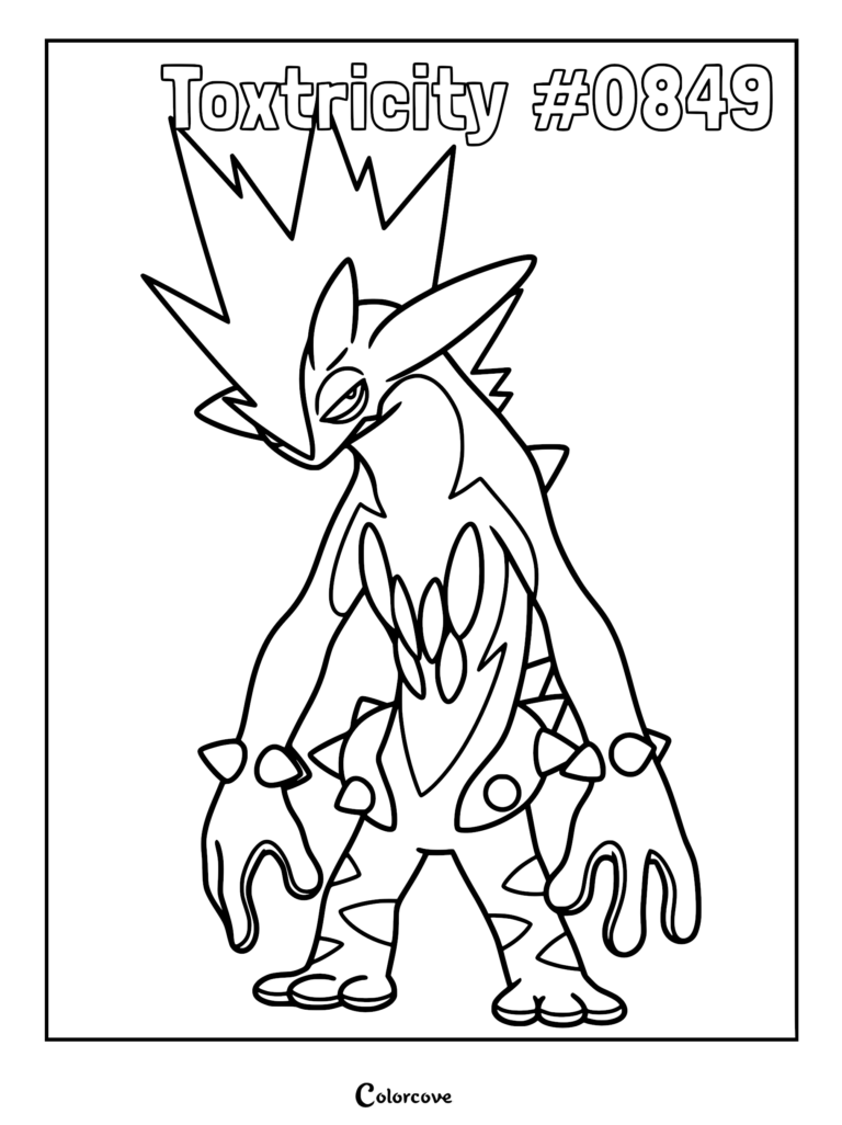 Toxtricity #0849 from Pokemon Galar featuring spiky mohawk hairstyle and studded arm cuffs, line art coloring page.