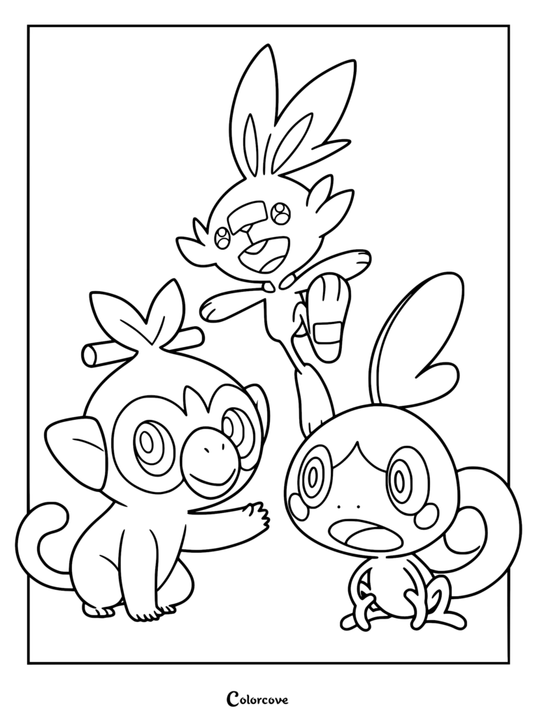 A printable coloring page featuring the Galar starter Pokemon Grookey, Scorbunny, and Sobble in a playful composition.