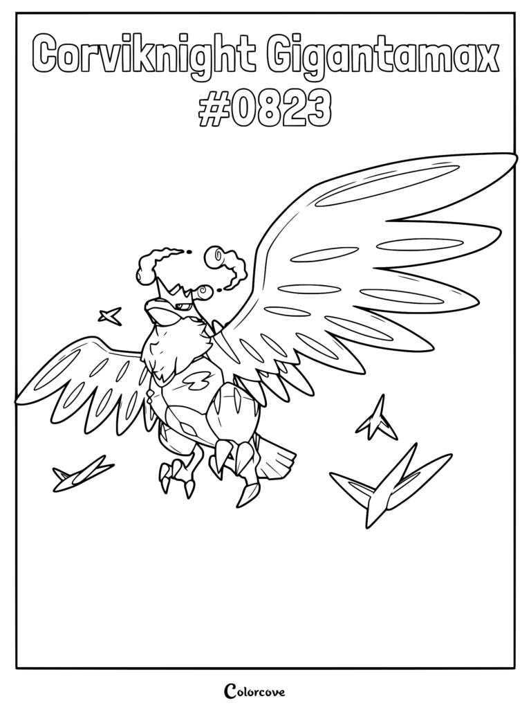 A detailed line art coloring page of Gigantamax Corviknight flying with its giant mechanical wings and blade-like feathers in the Galar region.