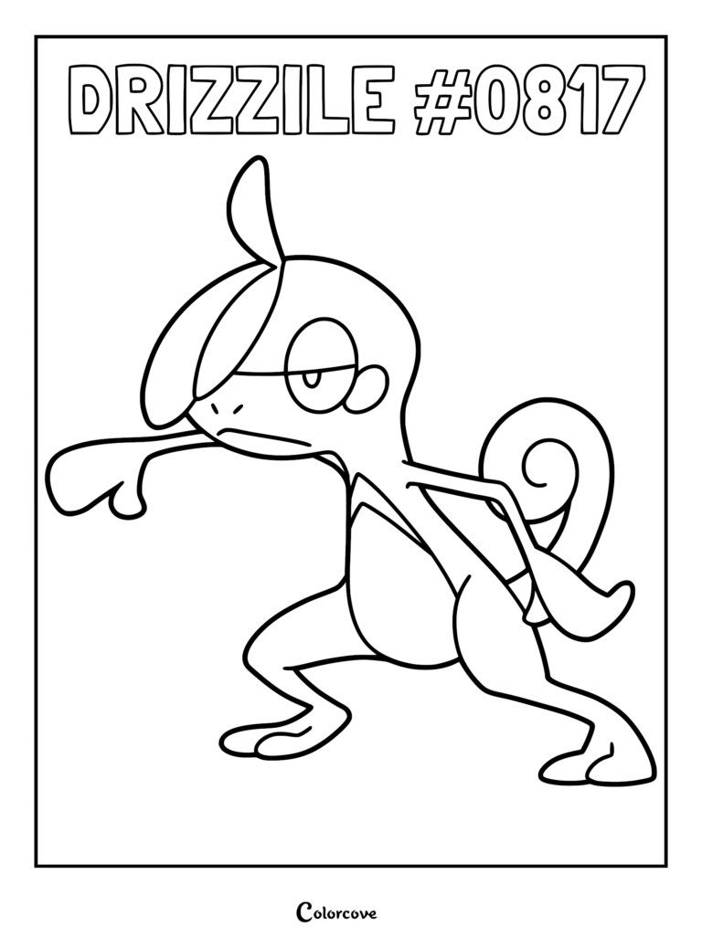 A printable black and white coloring page featuring the Galar region Water-type Pokemon Drizzile with its signature head crest and coiled tail.