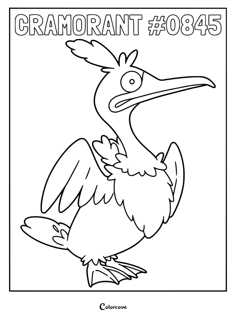 Cramorant standing with wings spread in a black and white line art coloring page.
