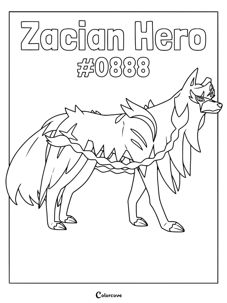 Zacian Hero of Many Battles form standing in profile as a clean line art coloring page.