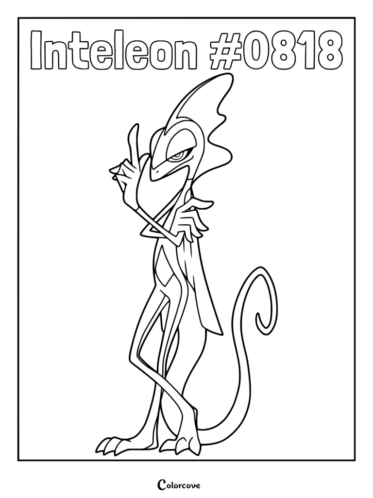 A detailed line art coloring page of Inteleon, the tall, slender Galar region Pokemon posing with one hand raised and a sharp, calculating gaze.