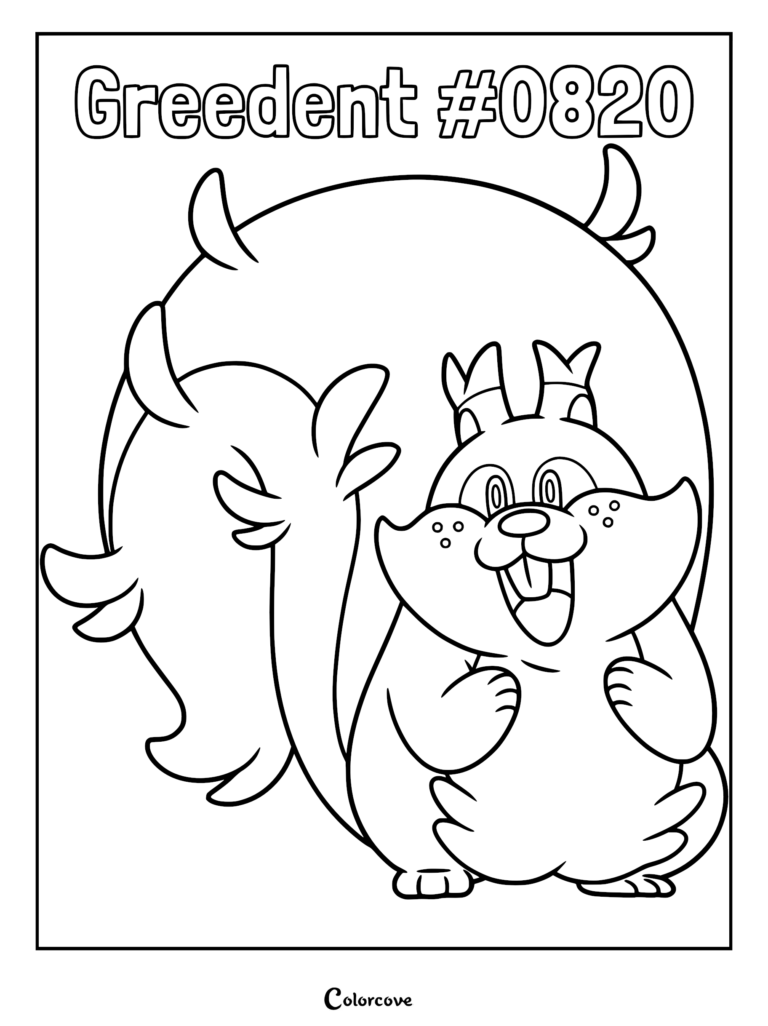 A printable coloring page featuring the Galar region Pokémon Greedent with its large fluffy tail and happy expression.