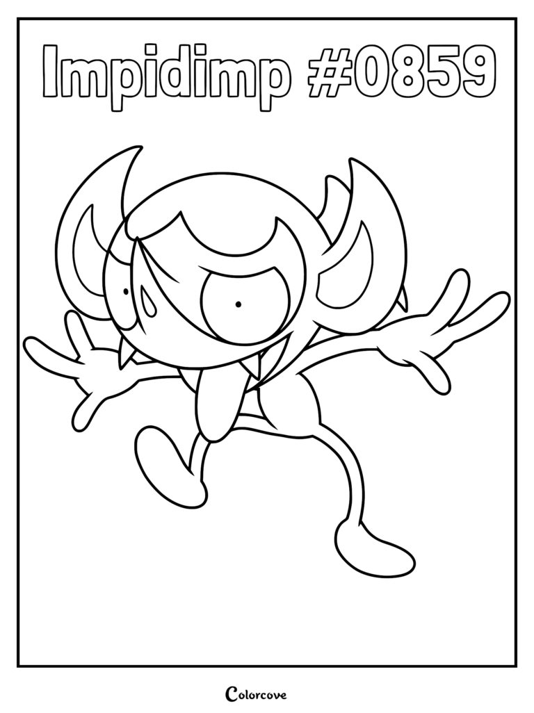 A printable Impidimp #0859 coloring page featuring the mischievous Galar region Pokemon with large ears and a long tongue extended.
