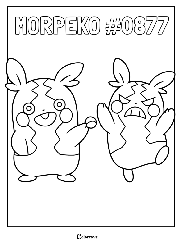 A printable Morpeko coloring page showing the Full Belly Mode and Hangry Mode forms of the Galar region Pokemon.