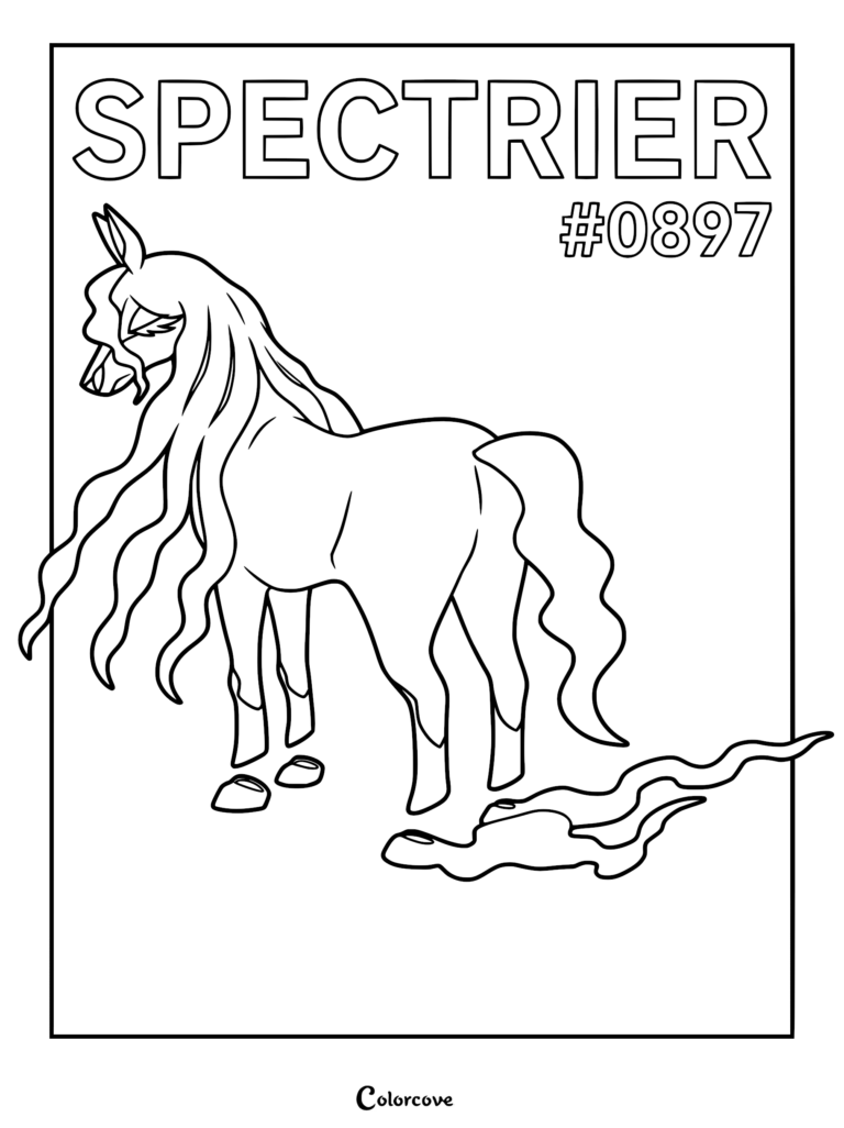 A printable coloring page featuring the ghost-type Pokémon Spectrier with its flowing mane and tail, labeled with its name and number #0897.