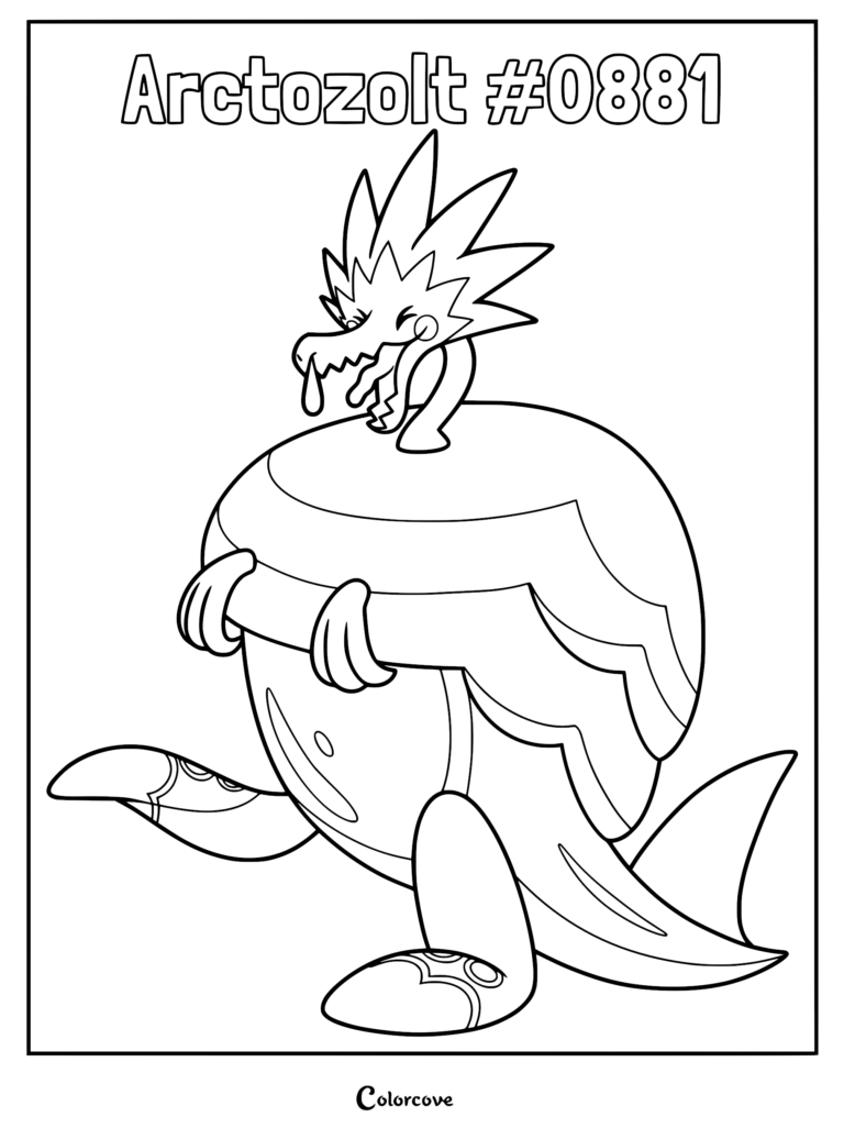 Detailed line art coloring page of the Galar region Fossil Pokemon Arctozolt #0881 showing its distinct icy head and rounded body.