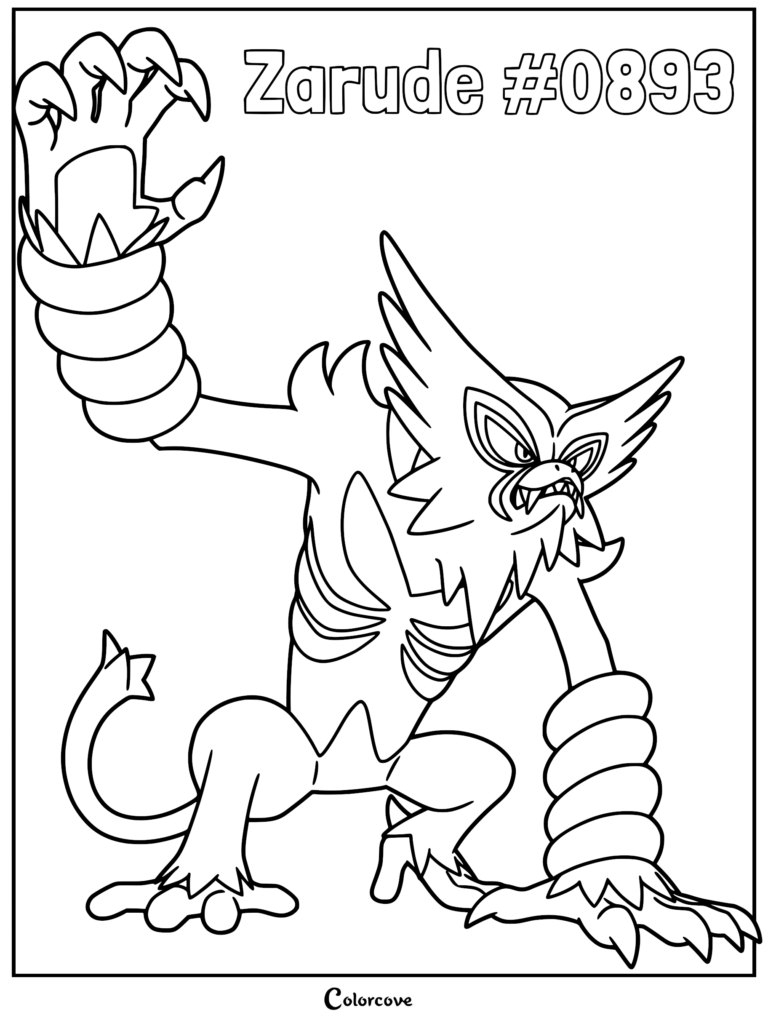 A detailed Zarude Pokemon Galar coloring page featuring the Rogue Monkey Pokemon in a dynamic pose with one arm raised.