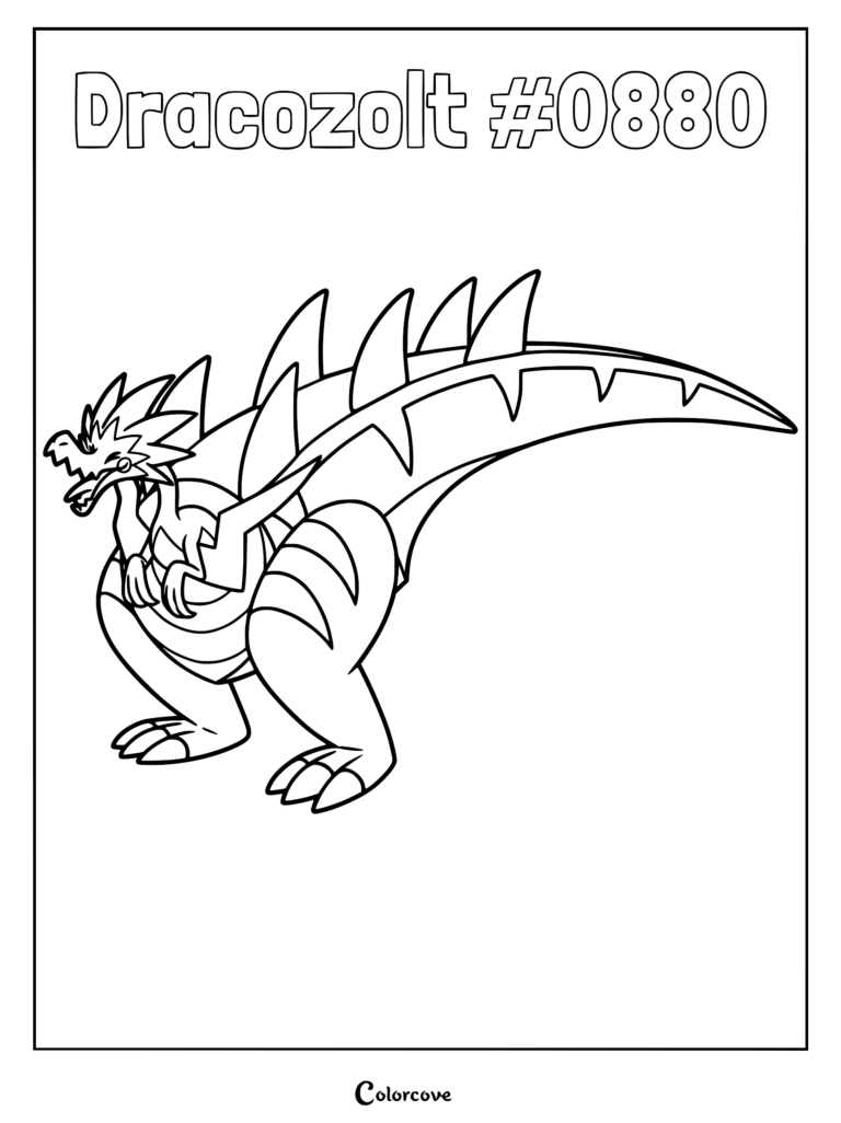 Dracozolt #0880 from Pokemon Galar standing in profile view with jagged back spikes and a long tail, black and white line art coloring page.