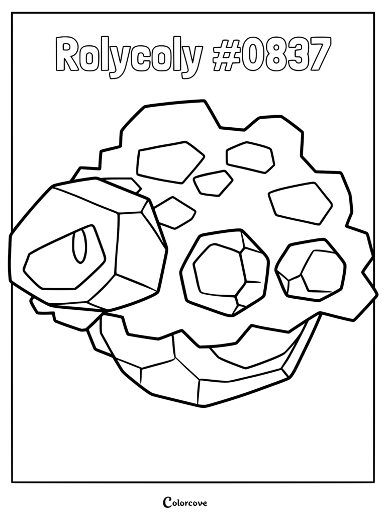 A printable Rolycoly coloring page featuring the rock-type Pokemon with its coal-like body and glowing eye.