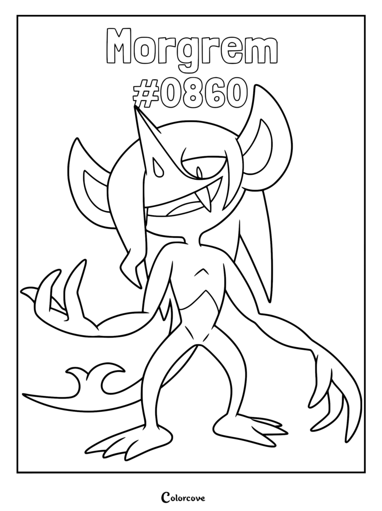 Morgrem Galar Pokemon coloring page featuring the cunning creature with long ears and sharp fangs in a dynamic standing pose.