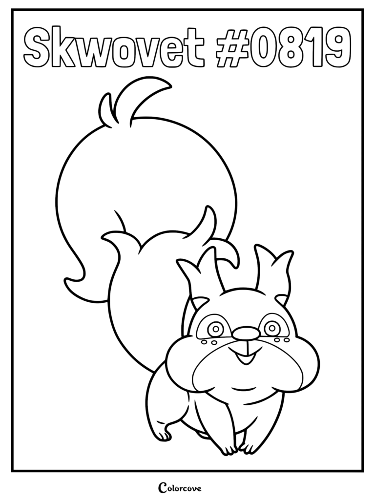 A detailed Skwovet #0819 Pokemon Galar coloring page featuring the squirrel-like Pokemon with its signature puffy cheeks and large bushy tail standing in a friendly pose.