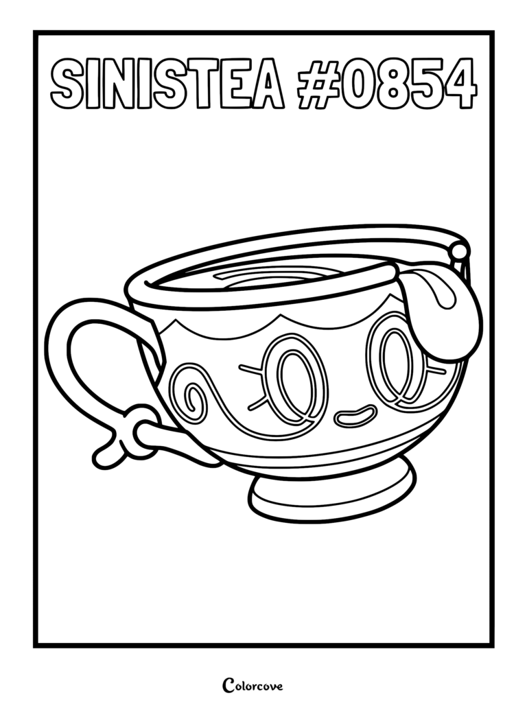 A clean line art coloring page of the Galar region Ghost-type Pokemon Sinistea, featuring its teacup body, swirl patterns, and a splash of liquid over the rim.