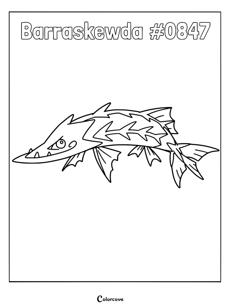 Barraskewda, the pike Pokemon, illustrated as a black and white coloring page with sharp fins and aggressive expression.