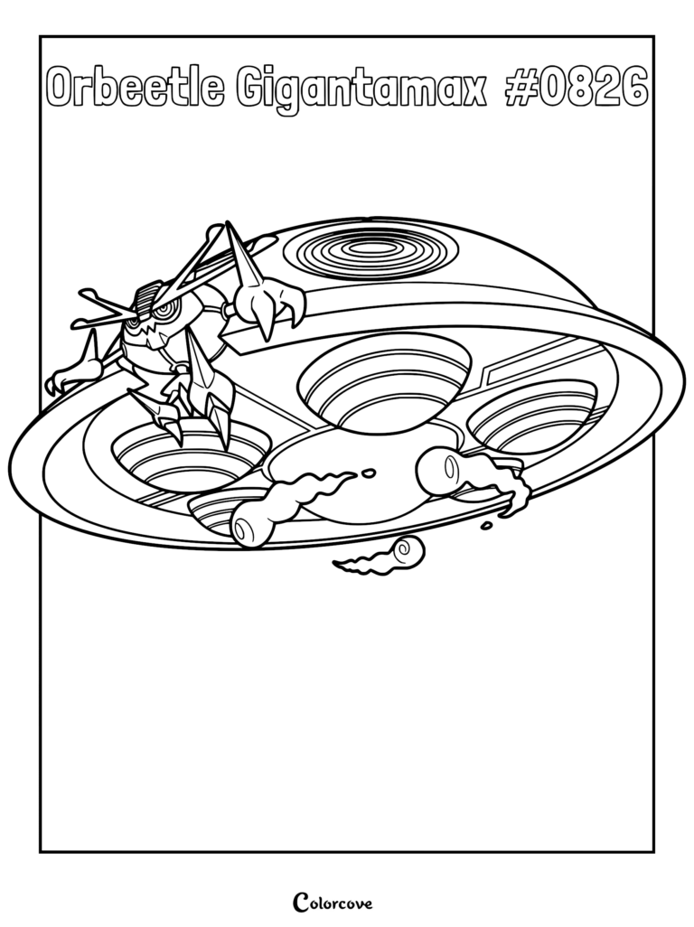 A detailed line art coloring page of Gigantamax Orbeetle, showing its massive saucer-like body, insectoid head, and swirling energy cloud trail.