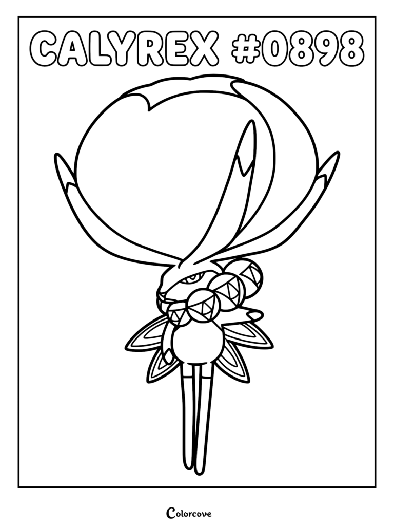 Calyrex #0898 coloring page featuring the Legendary Pokemon with its signature large, crown-like bulbous head and geometric neck accessories.
